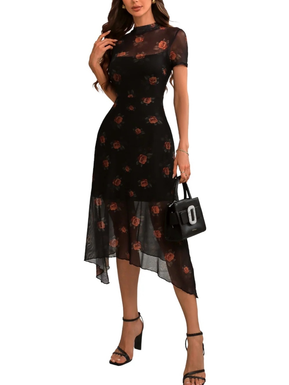 Nicolle Miller goth floral roses print mesh dress, sharkbit hem, lined, size M
